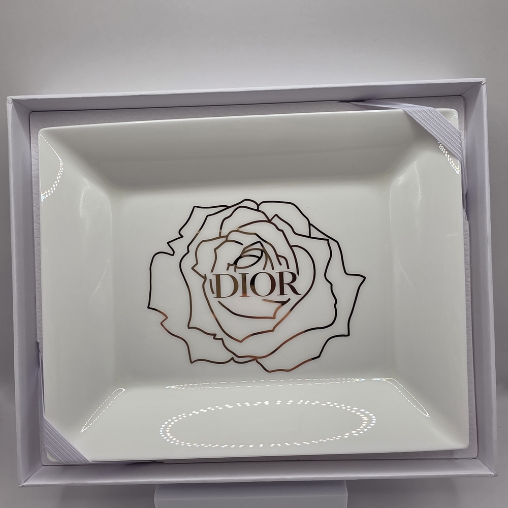 Dior White and Gold Rose Porcelain Decorative Vanity Tray